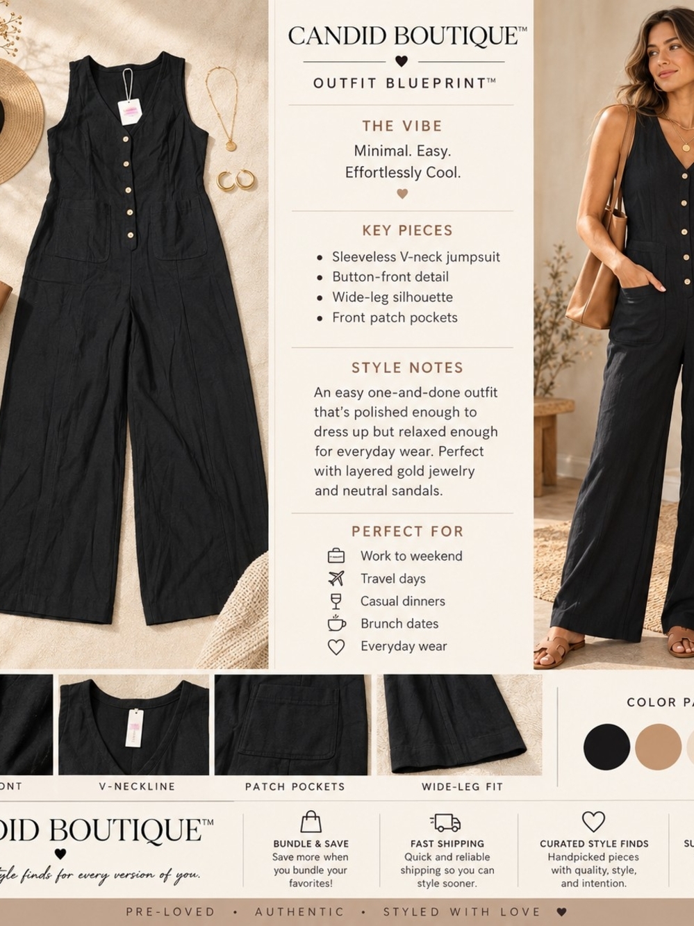 Sleeveless V-Neck Wide-Leg Jumpsuit - Black